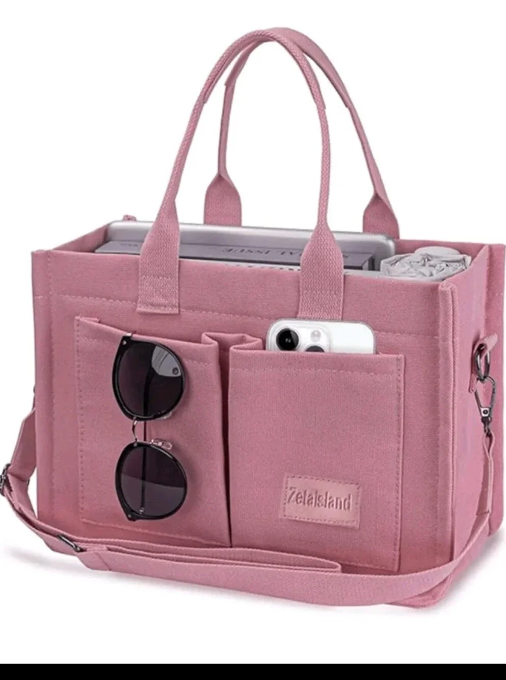 Pink Canvas Tote Bag Versatile Stripes Hobo Shoulder Bag, MultiCompartments